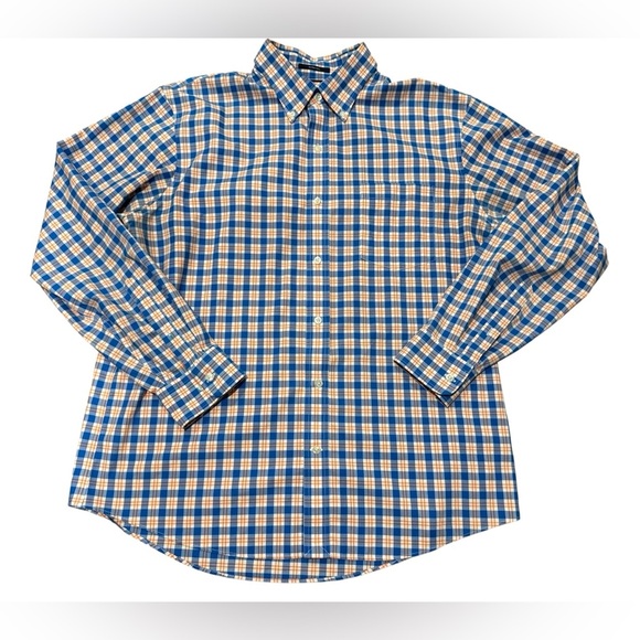 Land’s End Traditional Fit No Iron Twill Shirt Blue Orange Plaid Size Large - Picture 1 of 9